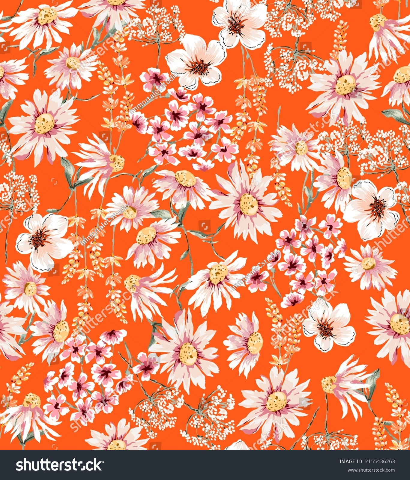 Wallpaper #pWfB7pIBSpphPi3-dF4W279 Sunflowers Small Daisy Flowers Seamless Motif Pattern Illustration