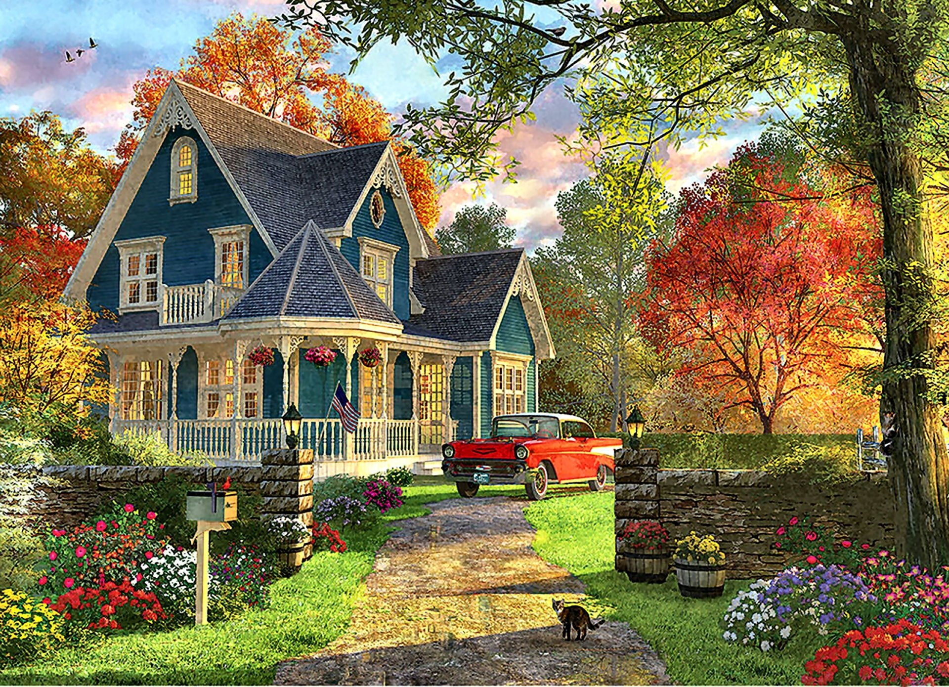 Wallpaper c6067 Download Flower Tree Car House Retro Vintage Artistic Painting HD Wallpaper HD Wallpaper c6067