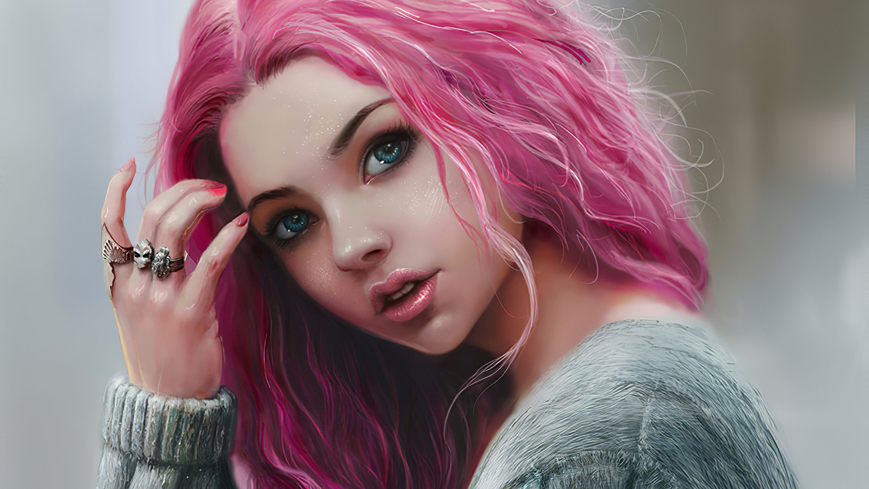 Wallpaper #J17kMpMBborbLbczhWCI137 Download Face Blue Eyes Pink Hair Woman Artistic HD Wallpaper by