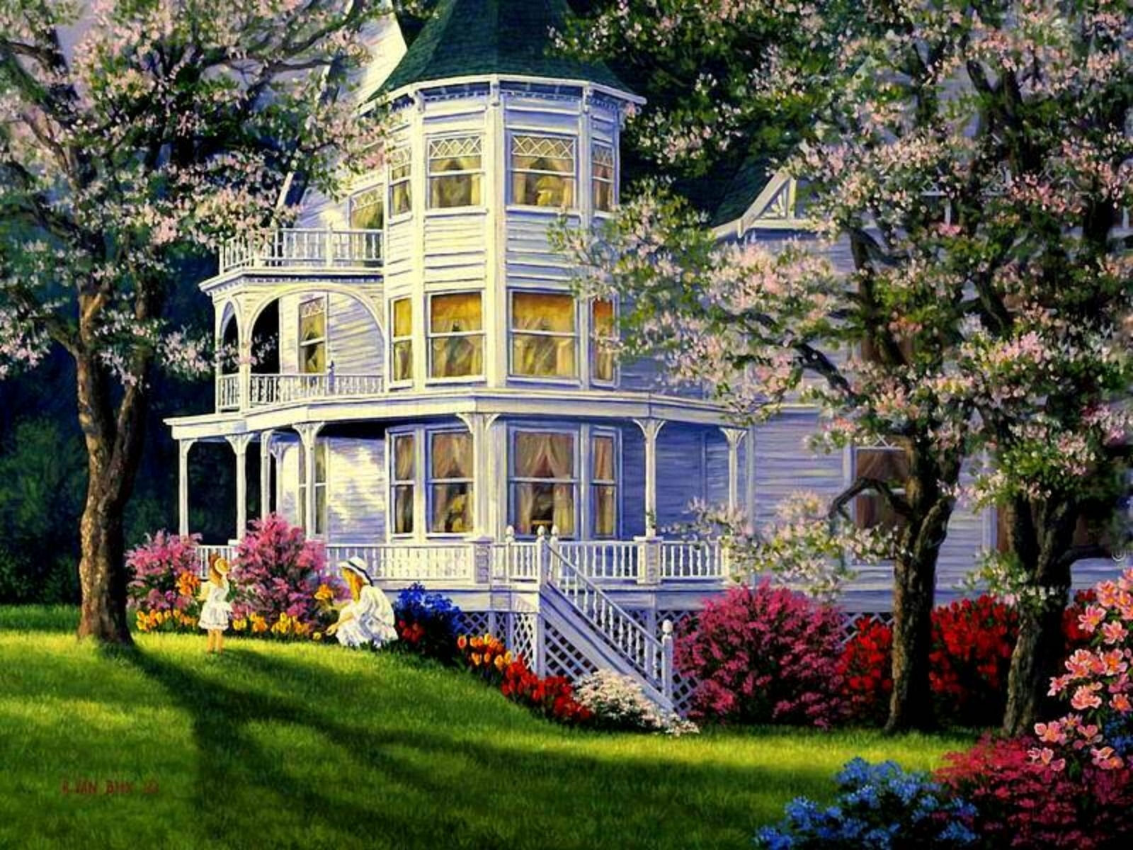 Wallpaper #c6067 Download Flower Tree Car House Retro Vintage Artistic Painting HD Wallpaper