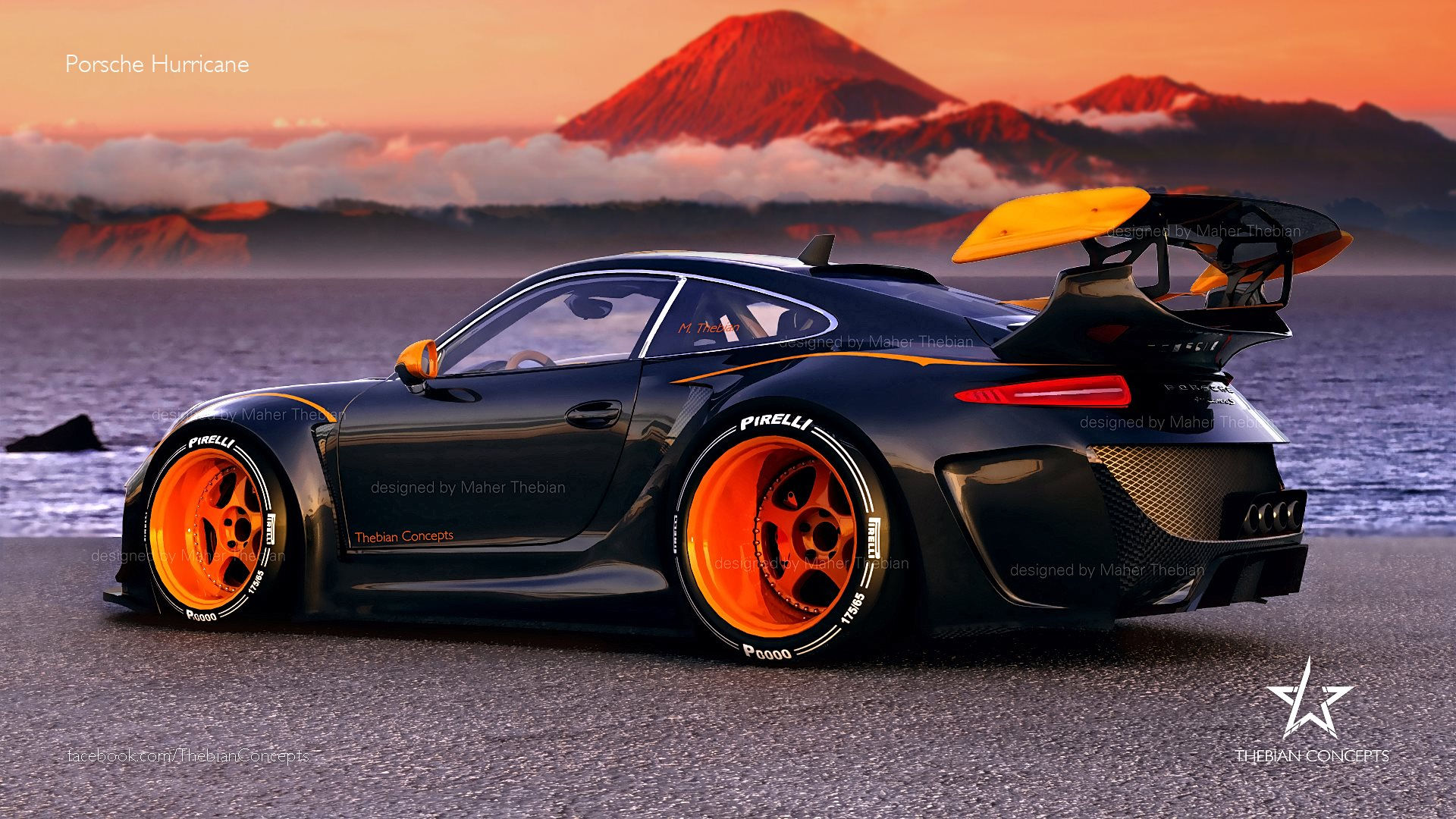 Wallpaper #0nP5hY4BFI5NbQksux4v19 A Stunning Porsche Sports Car Revs Its Engine on a Coastal Road with a Volcano in the Distance