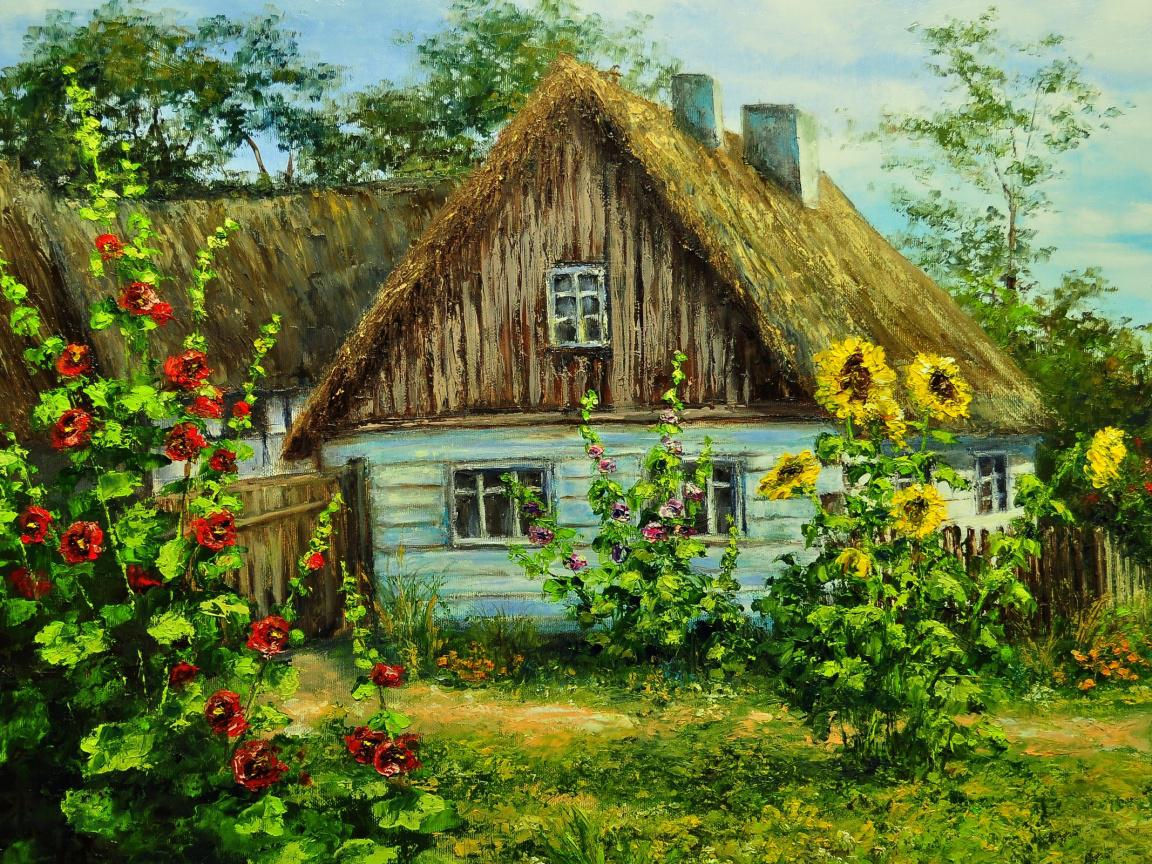 Wallpaper #c6067 Download Flower Tree Car House Retro Vintage Artistic Painting HD Wallpaper