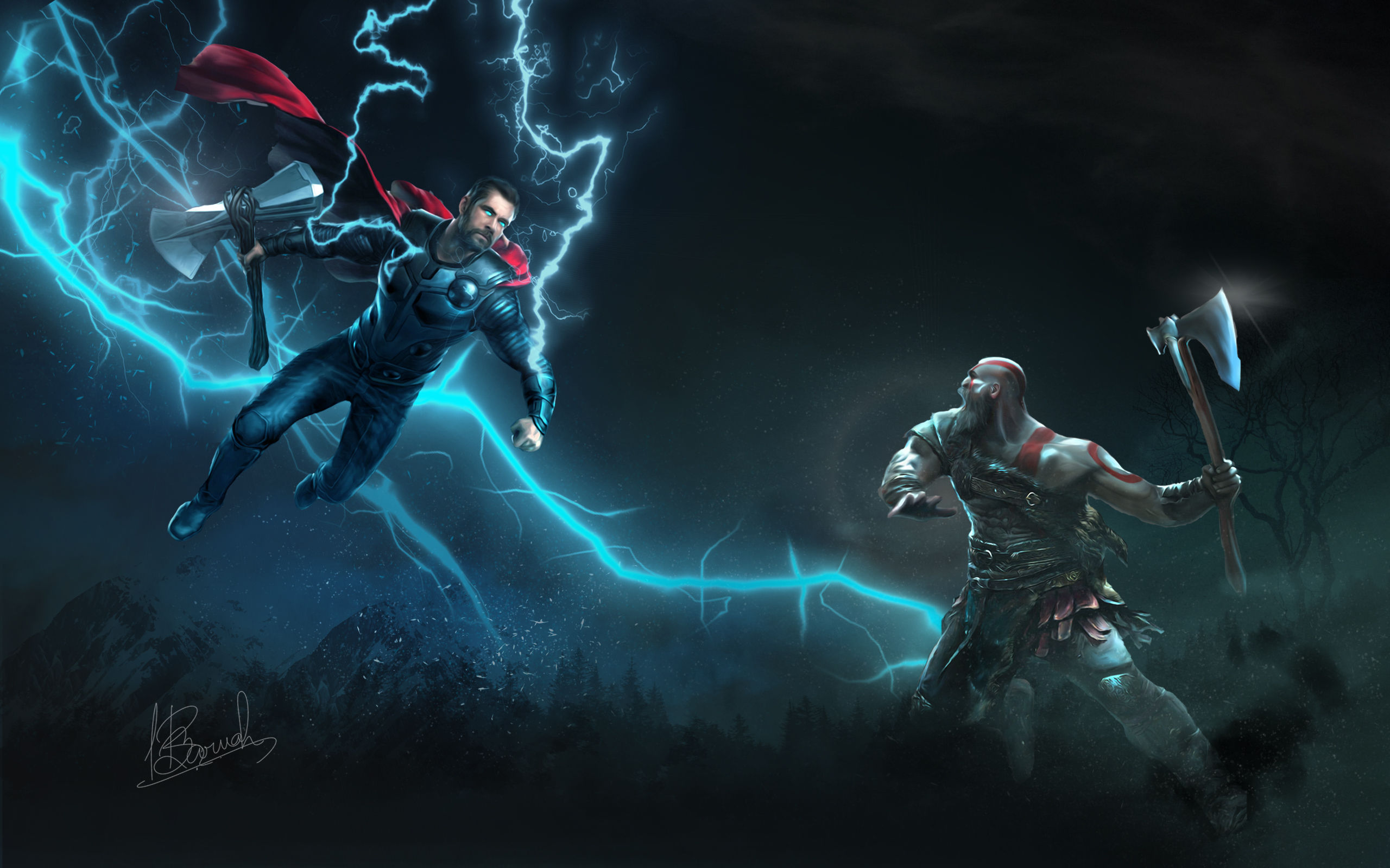 Wallpaper #fKVEOJMBVBiSkHCaLI1q276 Thor vs Kratos Art HD Superheroes 4K Wallpapers Images Backgrounds