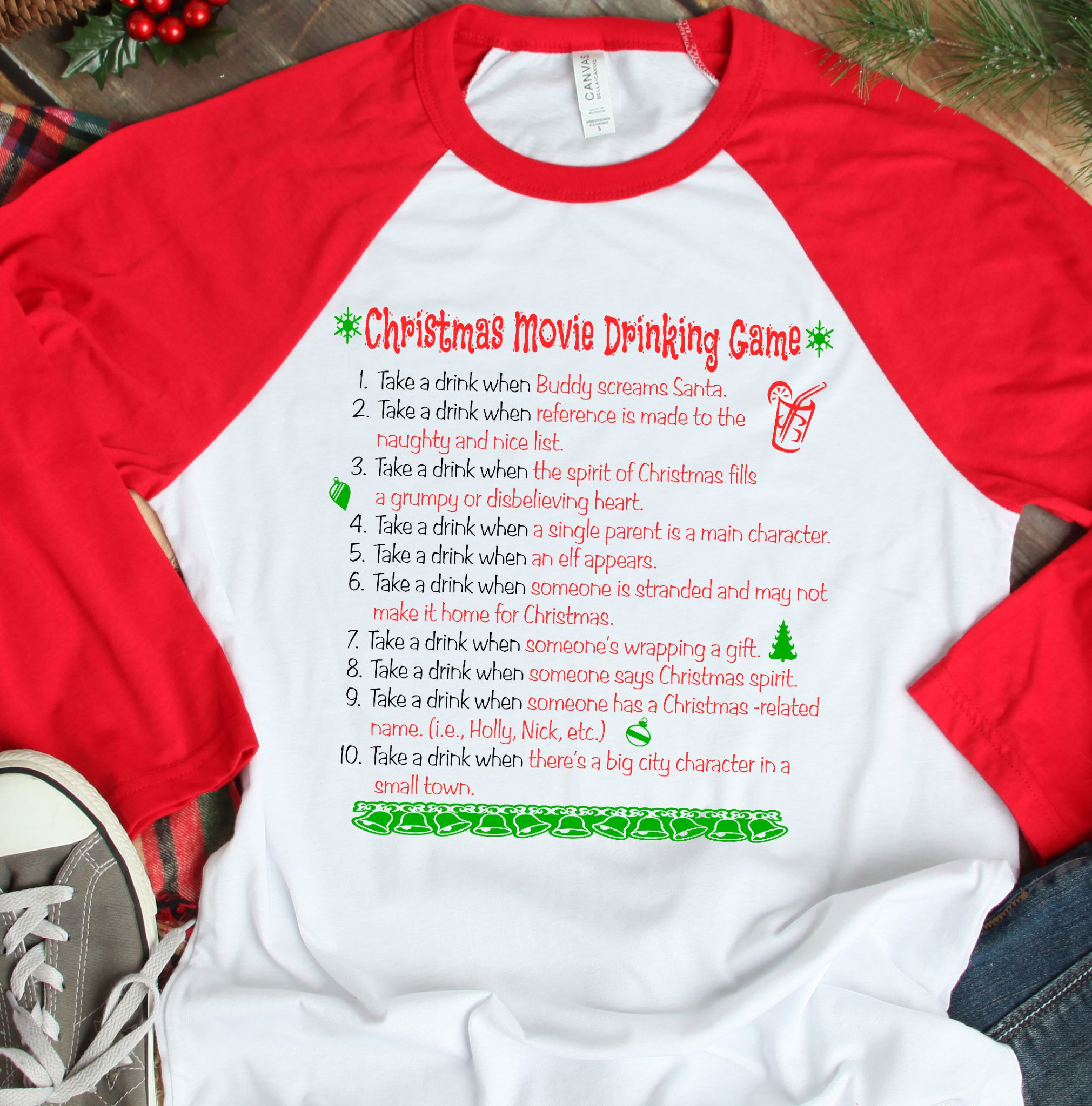 Wallpaper #Lv8aZ5MB3lSXT3zUROKT144 Christmas Movie Drinking Game Raglan Baseball Tshirt White with Red