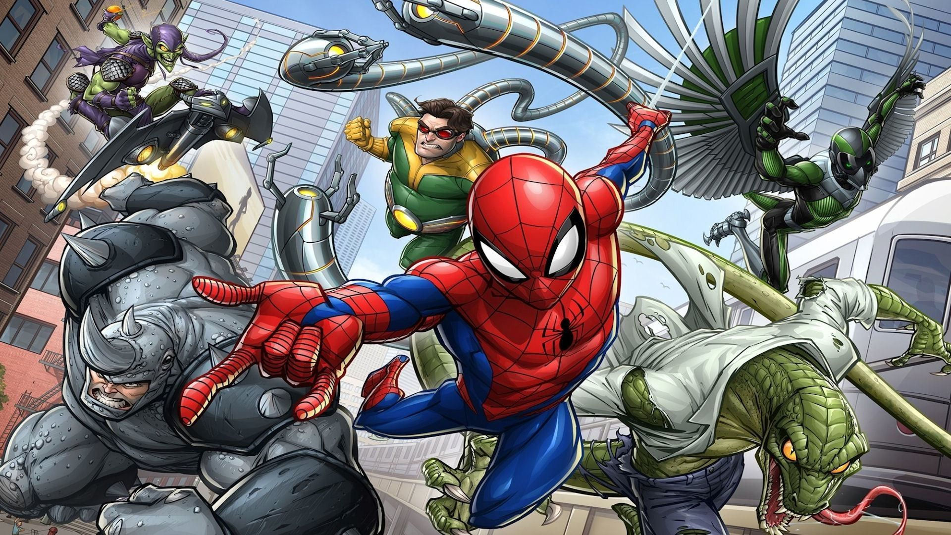 Wallpaper #ceb46 1920x1080 Spiderman vs Sinister Six Art Laptop Full HD 1080p HD 4K