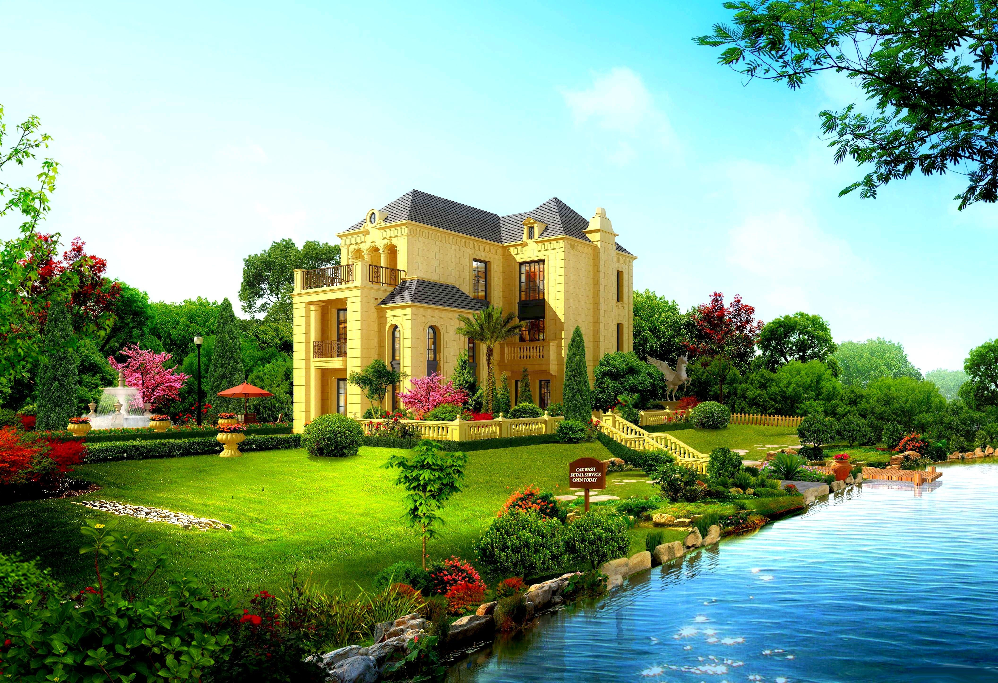 Wallpaper #c6067 Download Flower Tree Car House Retro Vintage Artistic Painting HD Wallpaper