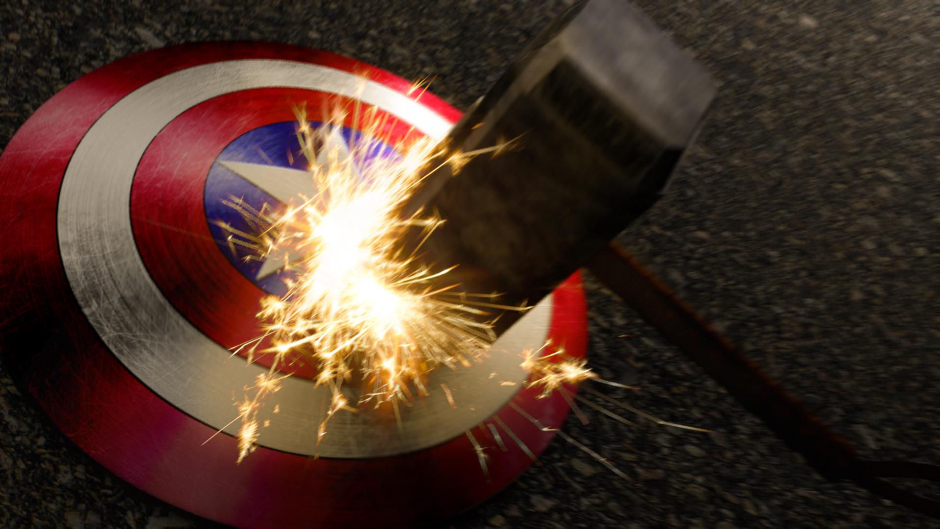 Wallpaper #SEUGj44B7YBJg1BVWZ2Z10 Captain America's Shield Being Struck by Thor's Hammer