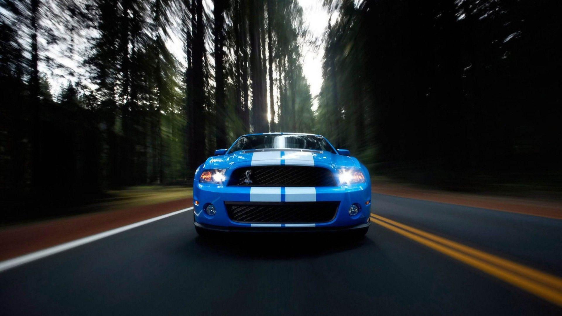 Wallpaper #nUUgl44B7YBJg1BVN6AP59 A Blue Ford Mustang Shelby Gt500 Speeding Through a Forest