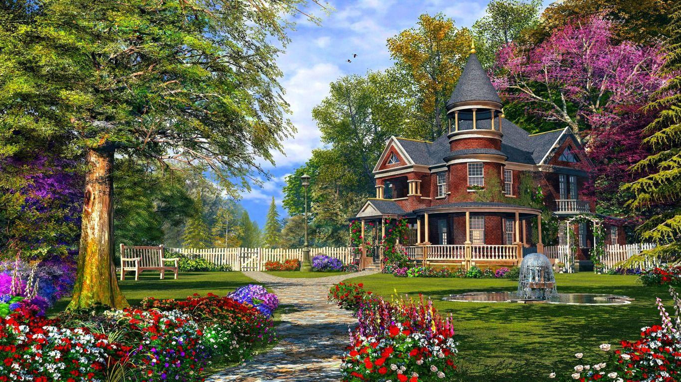 Wallpaper #c6067 Download Flower Tree Car House Retro Vintage Artistic Painting HD Wallpaper