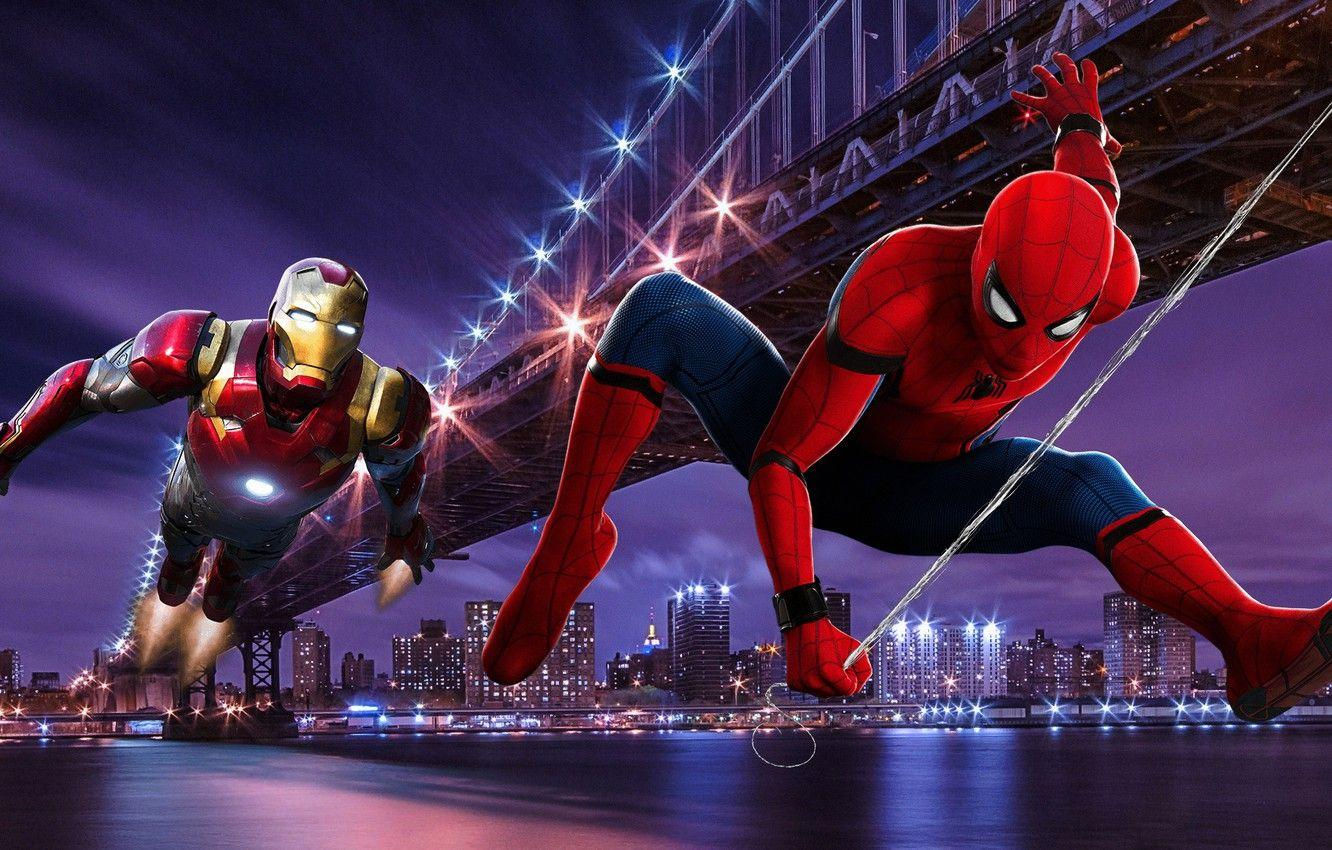 Wallpaper #eEXmlo4B7YBJg1BVj6B828 Spider-Man and Iron Man Swinging Over the Queensboro Bridge in Spider-Man: Homecoming
