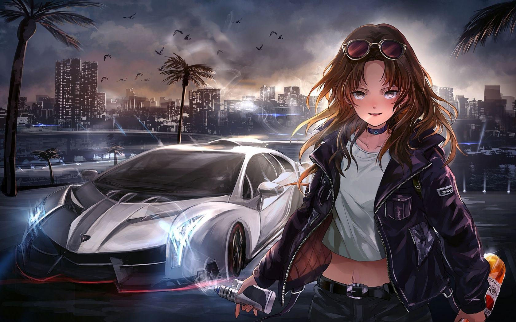 Wallpaper #46bf0 Download Girl Leaning on a Nissan Skyline Car Anime Wallpaper