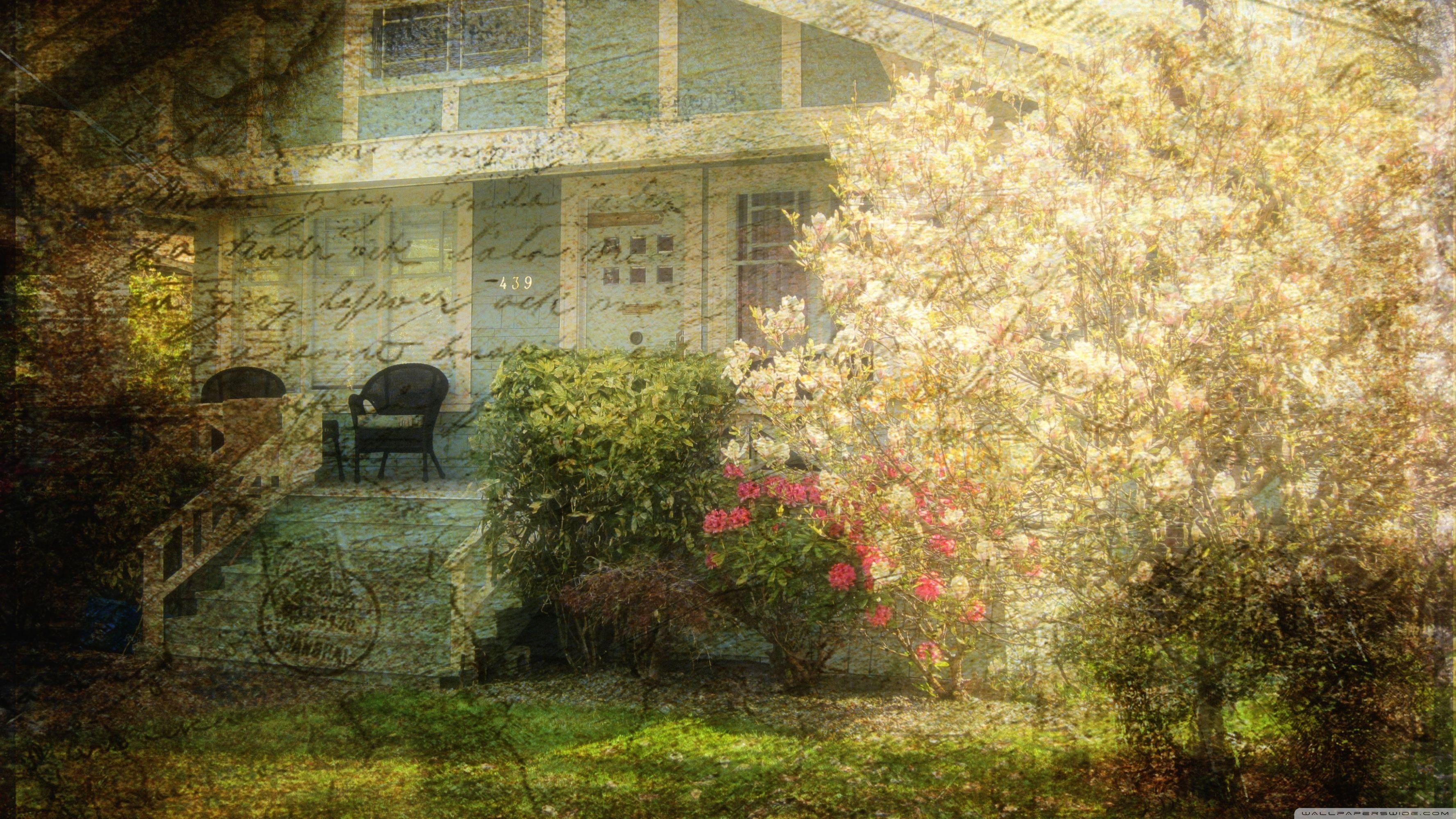 Wallpaper #c6067 Download Flower Tree Car House Retro Vintage Artistic Painting HD Wallpaper