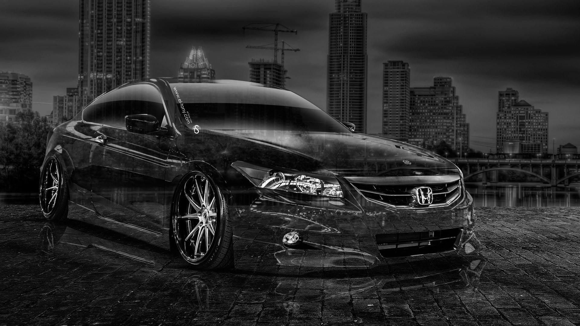 Wallpaper #r0U0l44B7YBJg1BVZKDq23 A Black and White Photo of a Honda Accord Parked in a Dark City