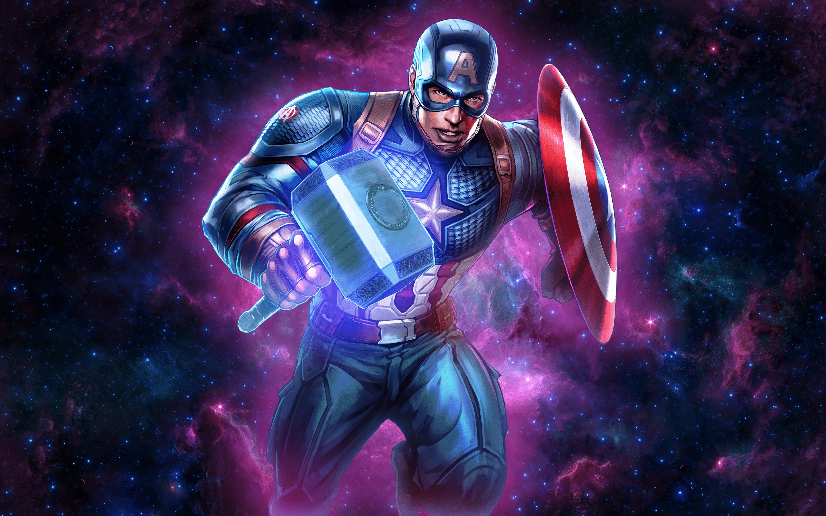 Wallpaper #SEUGj44B7YBJg1BVWZ2Z55 Captain America Wielding Thor's Hammer in a Battle Against Thanos