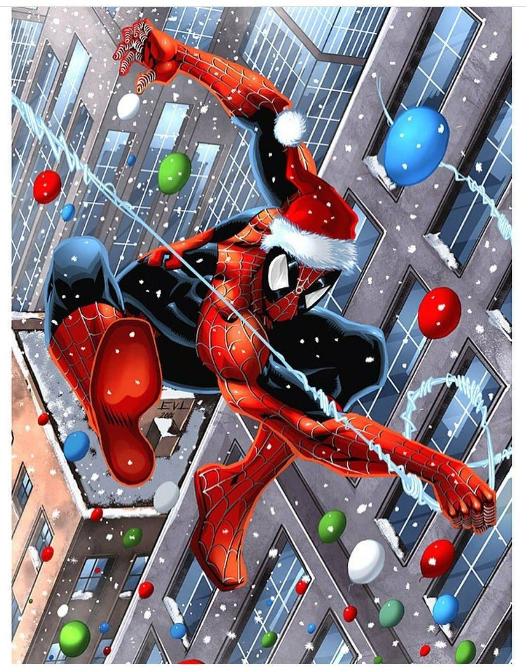 Wallpaper #R3OpgI4BFI5NbQksxRi50 Spider-Man Swings Through a Snowy Cityscape Wearing a Santa Hat