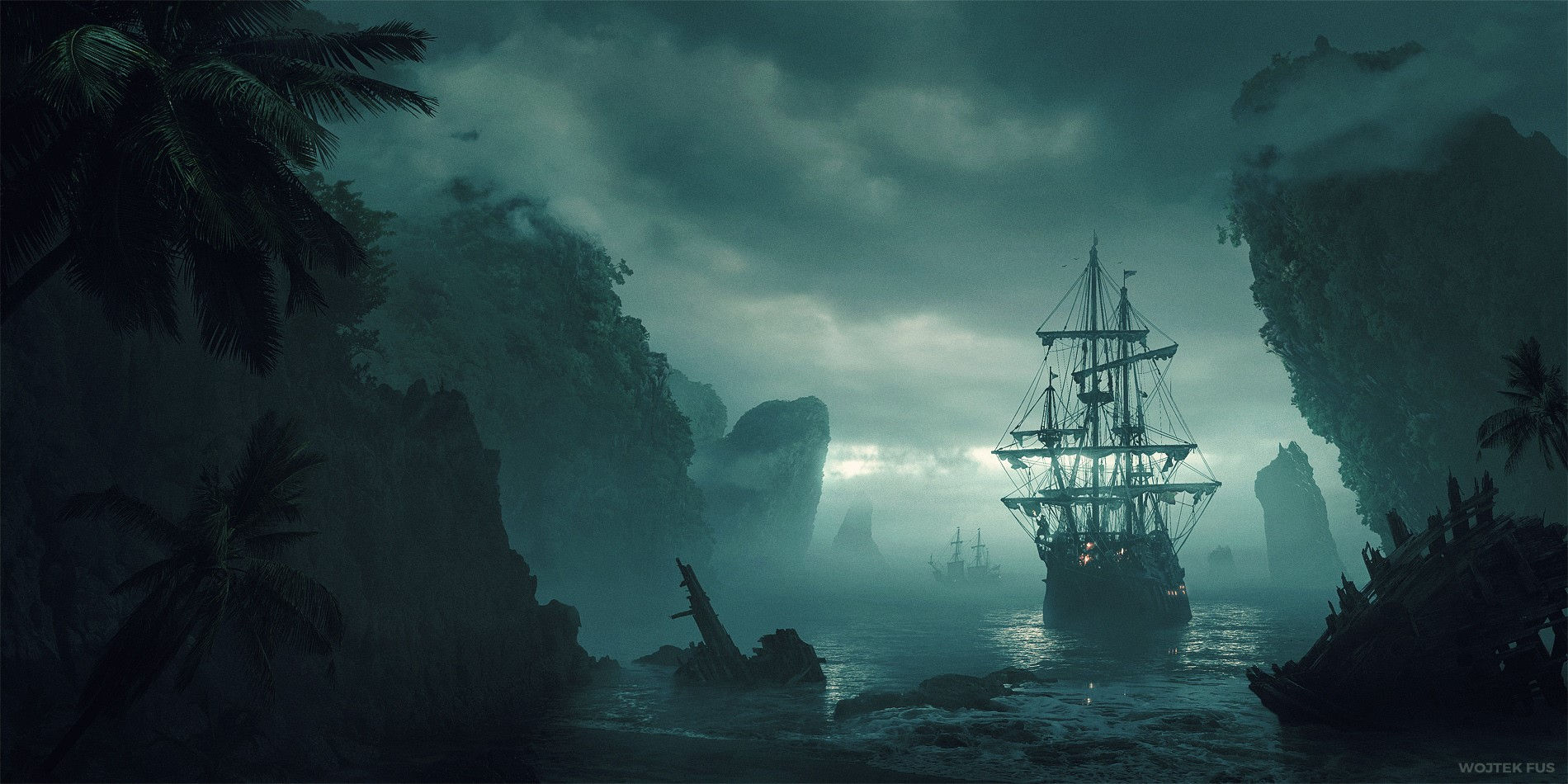 Wallpaper #z_Cpf5cBi4JM6agGtSCM103 Landscape Artwork Concept Art Trees Beach Coast Ship Pirate Ship