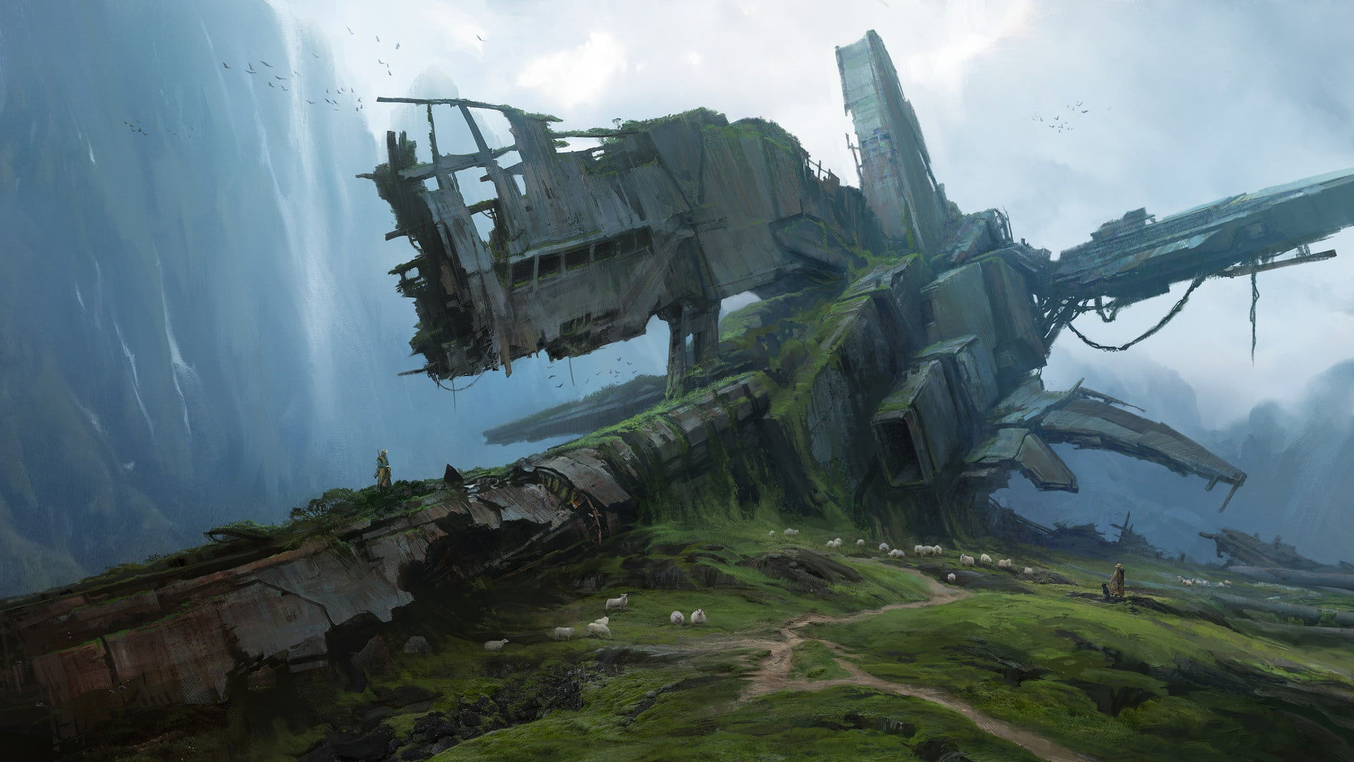 Wallpaper #8miAIJMBSpphPi3-mS3Z85 Sheep Overgrown Spaceship Mountains 1080p Ruins Crash HD Wallpaper