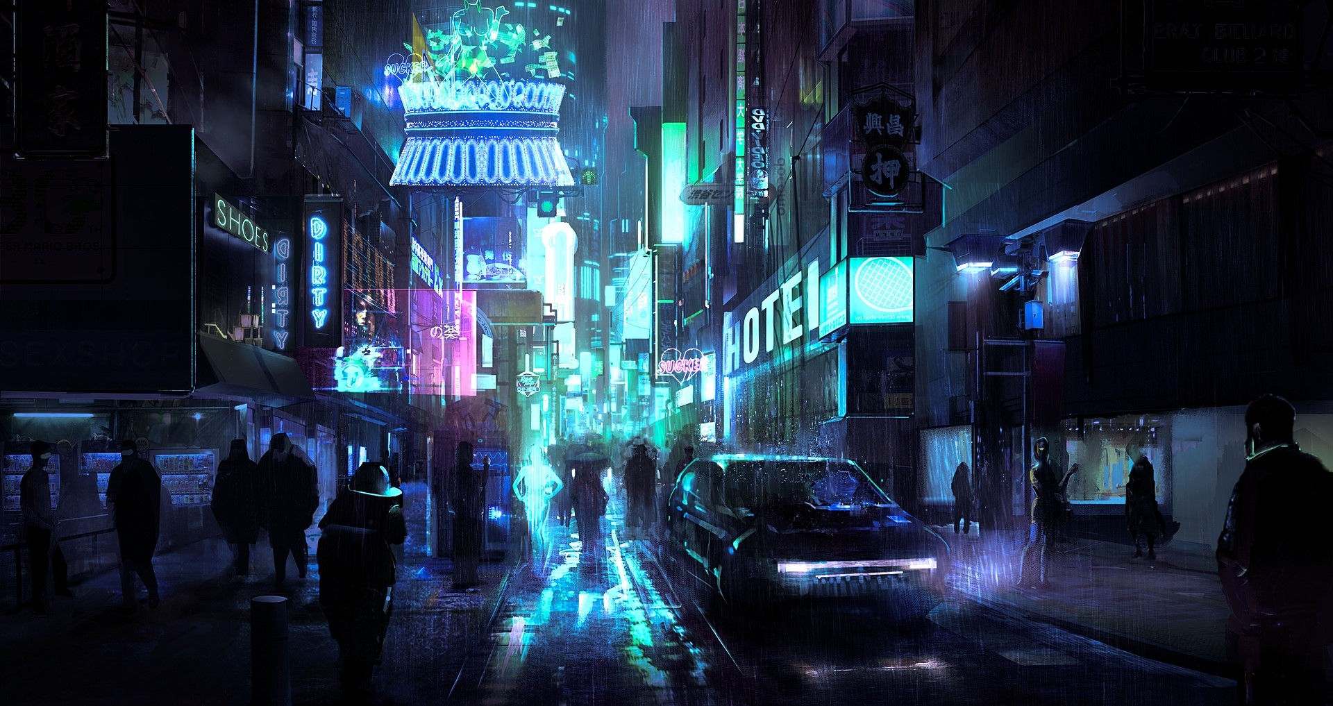 Wallpaper #ImfT-JIBSpphPi3-wItD138 Liang Mark Cyberpunk Night Dark Rain Artwork Wet Street Cyan HD