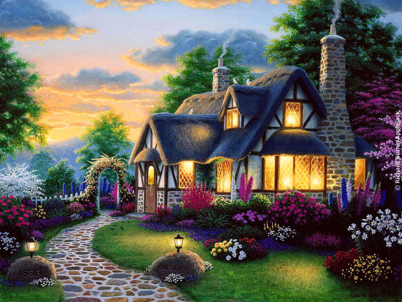 Wallpaper #c6067 Download Flower Tree Car House Retro Vintage Artistic Painting HD Wallpaper
