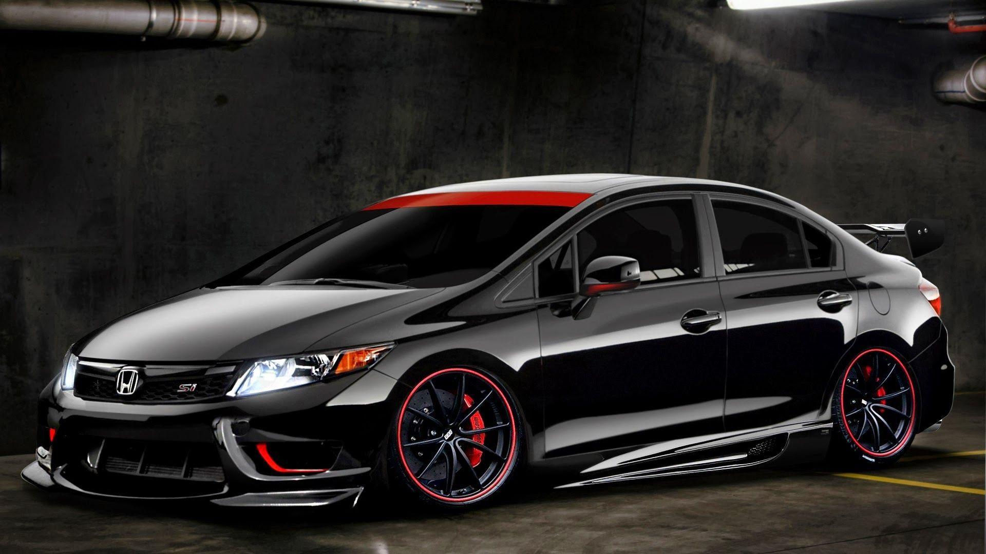 Wallpaper #r0U0l44B7YBJg1BVZKDq17 A Sleek Black Honda Civic with Red Accents is Parked in a Dark Garage