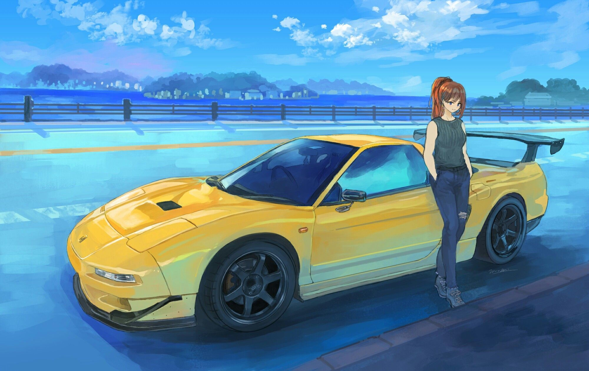 Wallpaper #46bf0 Download Girl Leaning on a Nissan Skyline Car Anime Wallpaper