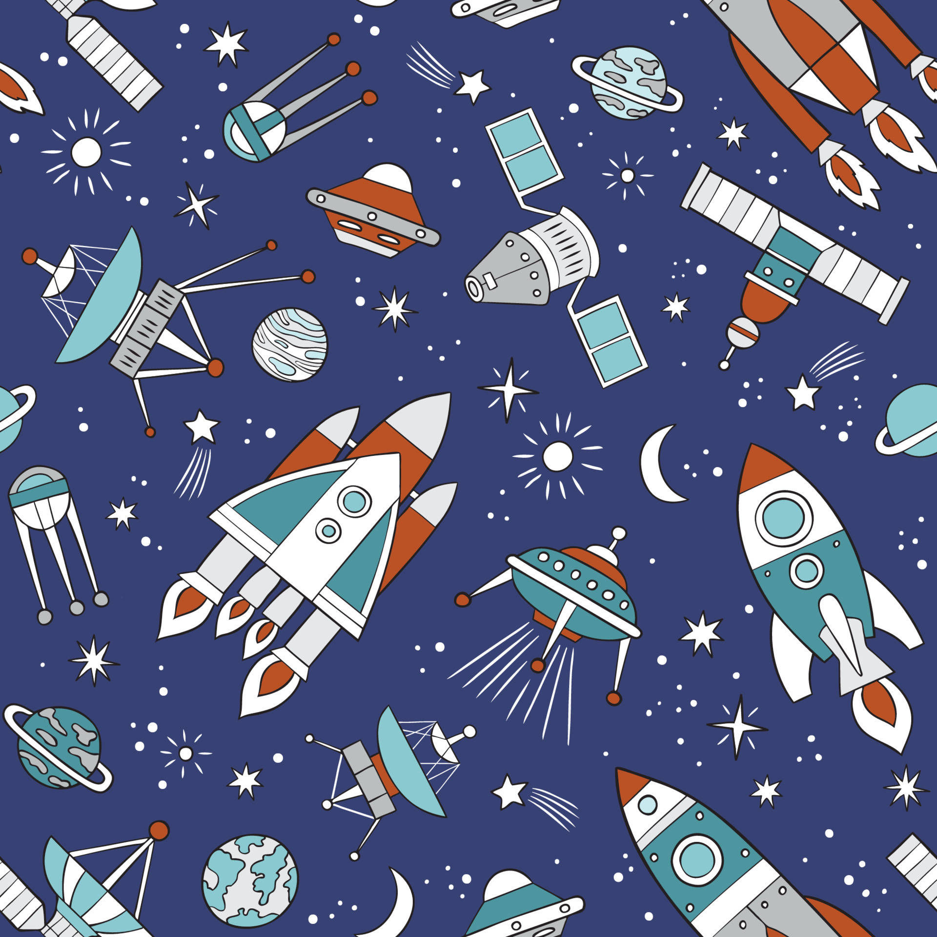 Wallpaper #FWf3_JIBSpphPi3-jZoC151 Download a Space Themed Pattern with Spaceships and Rockets Wallpaper