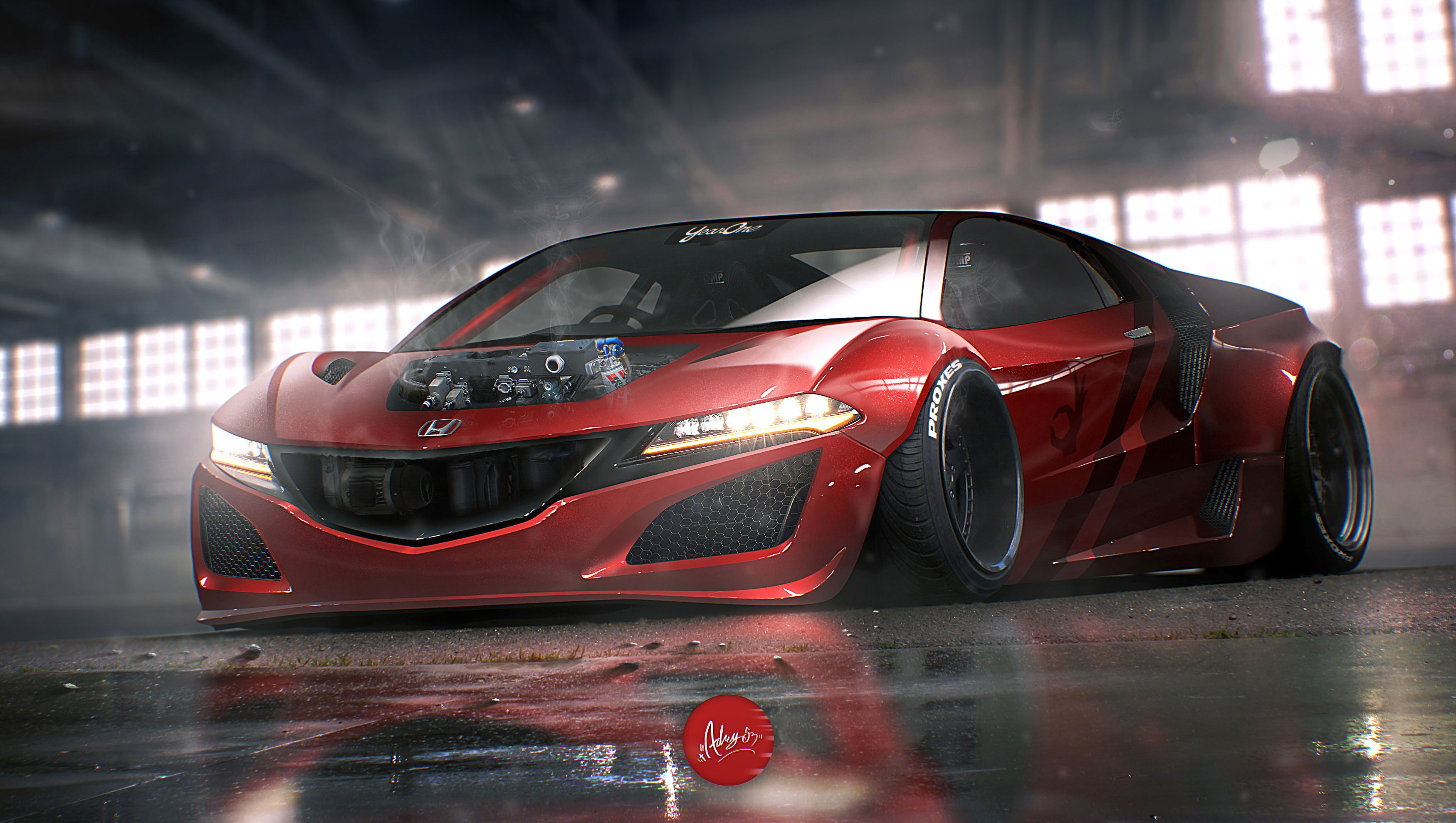 Wallpaper #r0U0l44B7YBJg1BVZKDq11 A Red Sports Car with an Open Hood and Engine Exposed in a Dark Garage