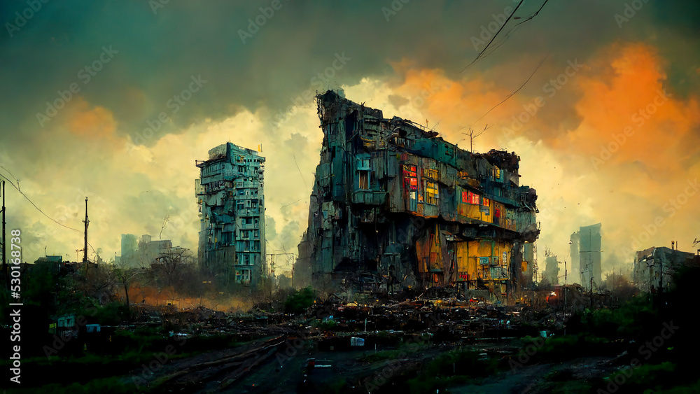 Wallpaper #dblo3ZIBJvJKYCmEAwDd414 Ilustrace Post Apocalyptic and Dystopian World with Destroyed