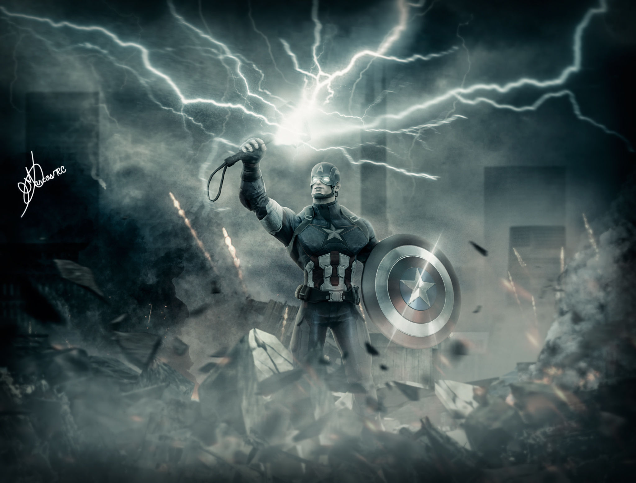 Wallpaper #WUVPno4B7YBJg1BVGKIS48 Captain America Wielding Thor's Hammer in an Epic Battle