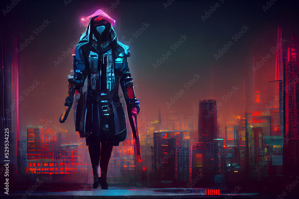 Wallpaper #v5yx4ZIBZHQxiYar0bzY188 Cyberpunk Assasin Figure in Night Cyberpunk Style Neon Illuminated City