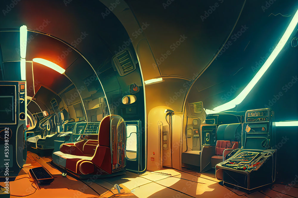 Wallpaper #r7gj2JIBJvJKYCmEhOZY181 Digital Illustration of Retro Interior of a Spaceship Inside an