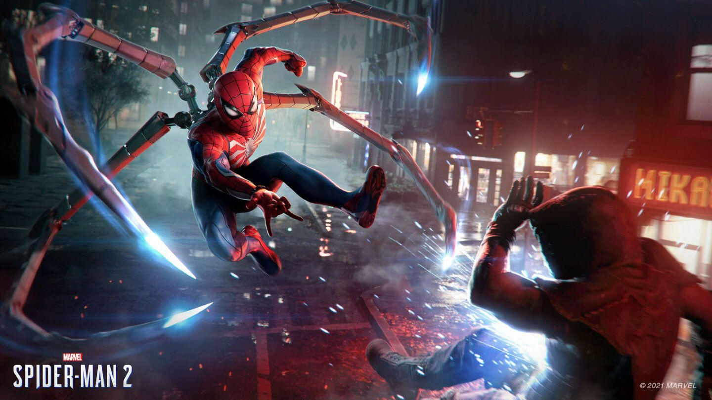Wallpaper #GkWwlY4B7YBJg1BVIaCK45 Spider-Man 2 Screenshot Shows the Superhero Fighting an Enemy in a Rainy Street