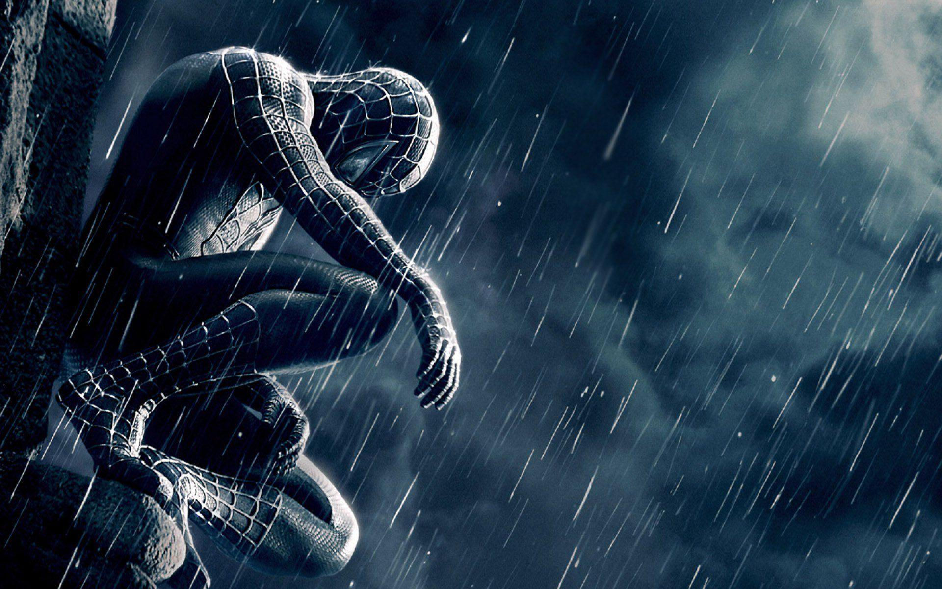 Wallpaper #IkXfi44B7YBJg1BVeJwE8 Spider-Man Perched on a Building in the Rain