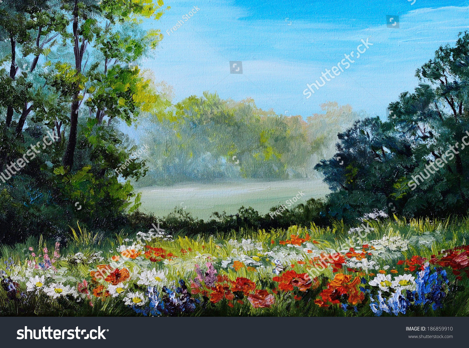 Wallpaper #d2c4EZMBSpphPi3-OPZ1206 Oil Painting Field with Flowers and Forest Abstract Drawing Stock