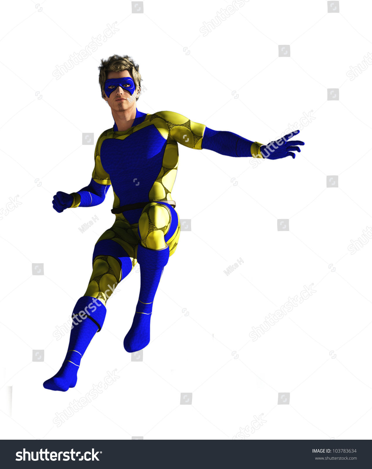 Wallpaper #m2fSBJMBSpphPi3-n7nR276 Masked Superhero in Blue and Yellow Costume Isolated on White Stock