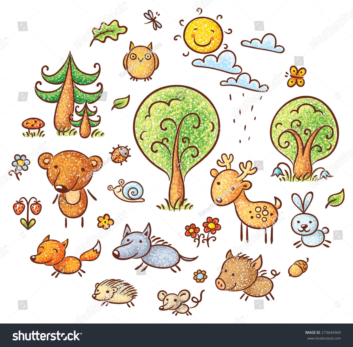 Wallpaper #lGcDC5MBSpphPi3-T9ct376 Stock Vector Set of Cute and Simple Cartoon Forest Animals and Plants