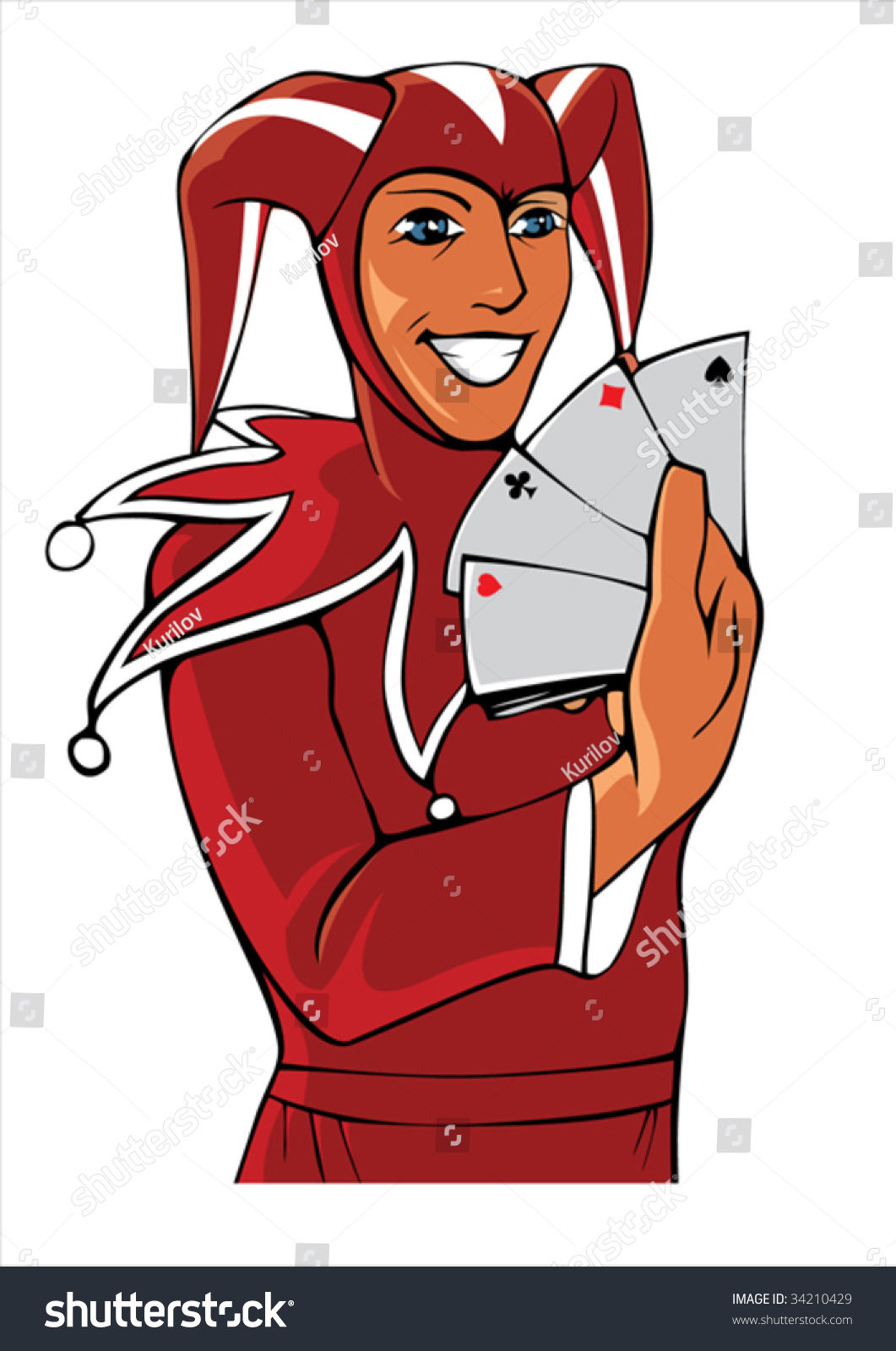 Wallpaper #sGc5EpMBSpphPi3-X_qy341 Smiling Joker in Red Costume Holding Four Aces in His Hand Stock Vector
