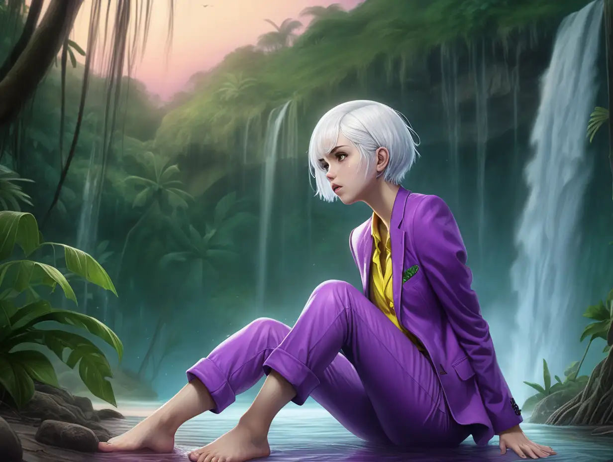 Wallpaper #9mdFCpMBSpphPi3-NNO0434 Young Woman in Colorful Suit Crawling on Jungle Beach at Twilight Muse AI