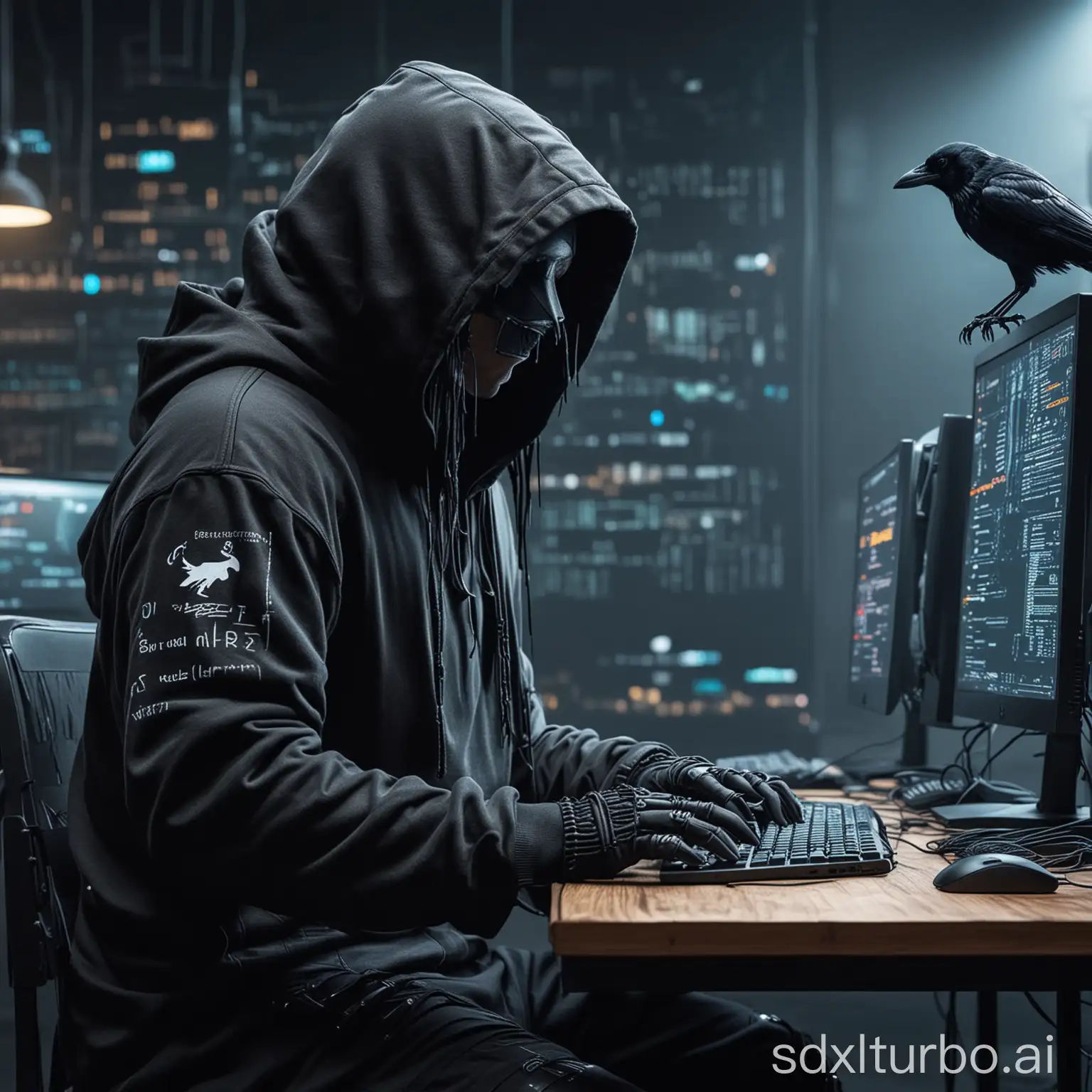 Wallpaper #cDFKNZMB5zzyi_yYTVYy166 Cyberpunk Crow Hacker in Full Action Sdxl Free Online