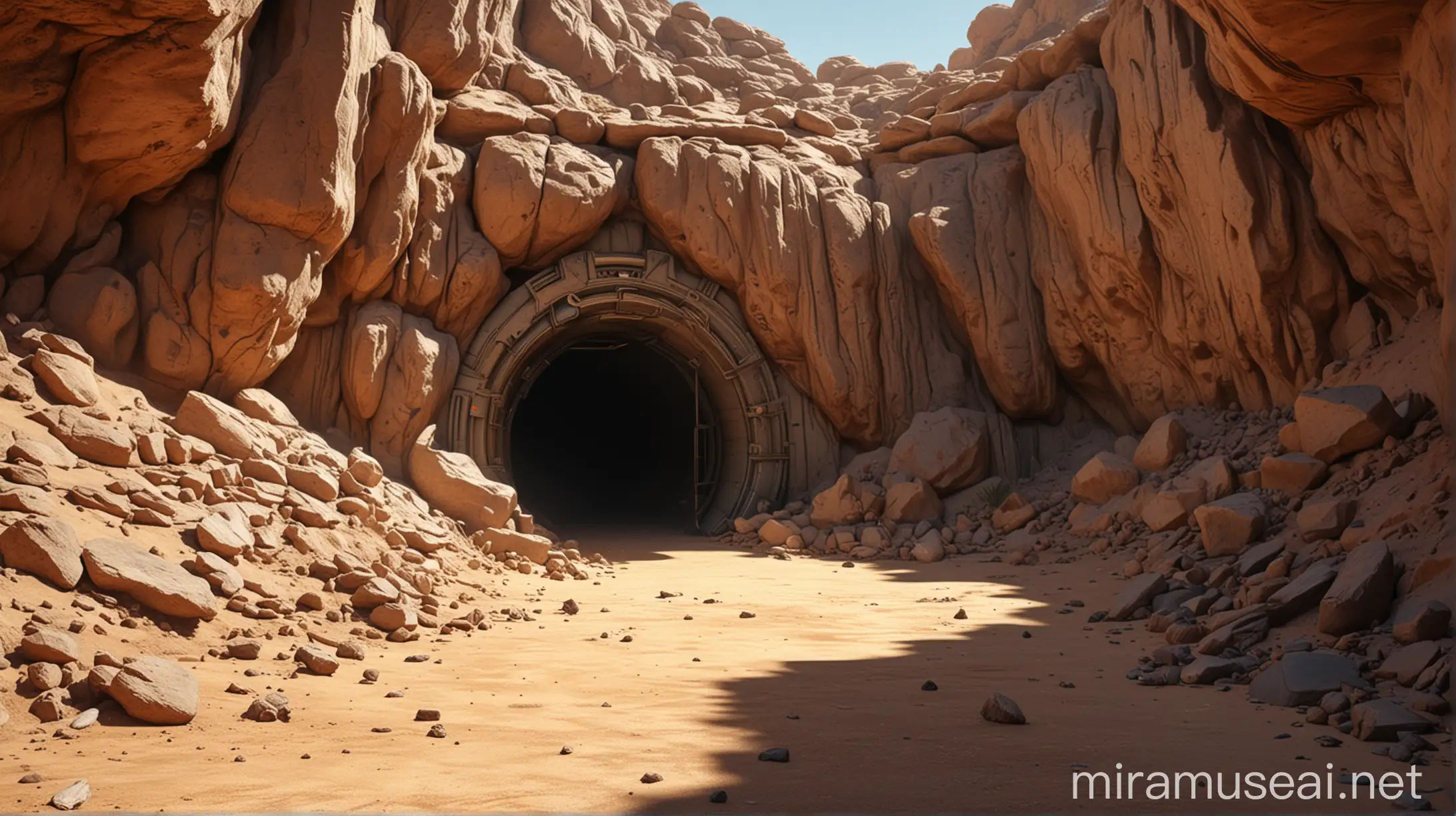 Wallpaper #NWegBpMBSpphPi3-J8JF465 Futuristic Desert Bunker Entrance Under Sunny Skies Muse AI