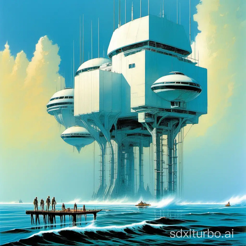 Wallpaper #VWhCJJMBSpphPi3-mDj9250 Futuristic Oceanic Stilted Building Inspired by 70s Scifi Fantasy Art