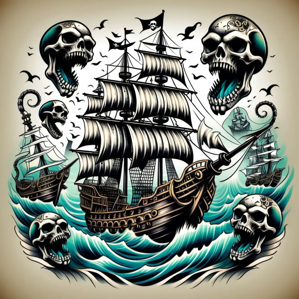 Wallpaper #Lmds-ZIBSpphPi3-8I3491 Menacing Pirate Ship with Skulls and Sea Monster Dark Tattoo Art Muse AI