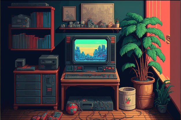 Wallpaper #42exDJMBSpphPi3-h9_r75 Sala De Juegos Con Consola Estilo Anos 80 Pixel Art Ia Generativa