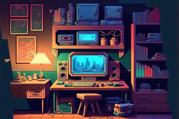 Wallpaper #42exDJMBSpphPi3-h9_r156 Sala De Juegos Con Consola Estilo Anos 80 Pixel Art Ia Generativa