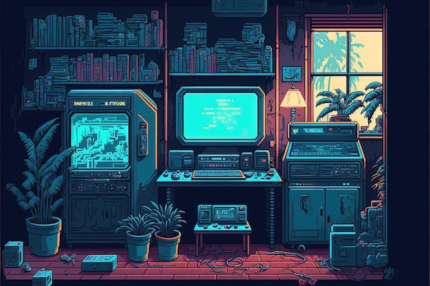Wallpaper #42exDJMBSpphPi3-h9_r93 Sala De Jogos Com Console Estilo Anos 80 Pixel Art Ia Generativa