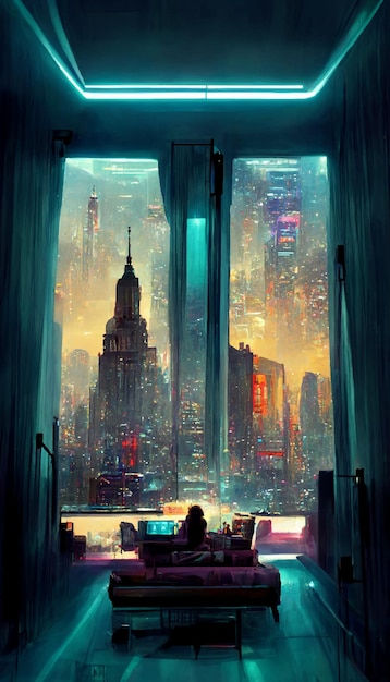 Wallpaper #ImfT-JIBSpphPi3-wItD125 Habitacion Futurista En La Ilustracion Distopica Cyberpunk De Nueva