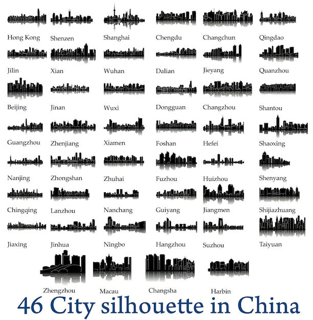 Wallpaper #Imf_DJMBSpphPi3-ZuKh351 Premium Vector Set of 46 City Silhouettes in China Hong Kong Shenzhen