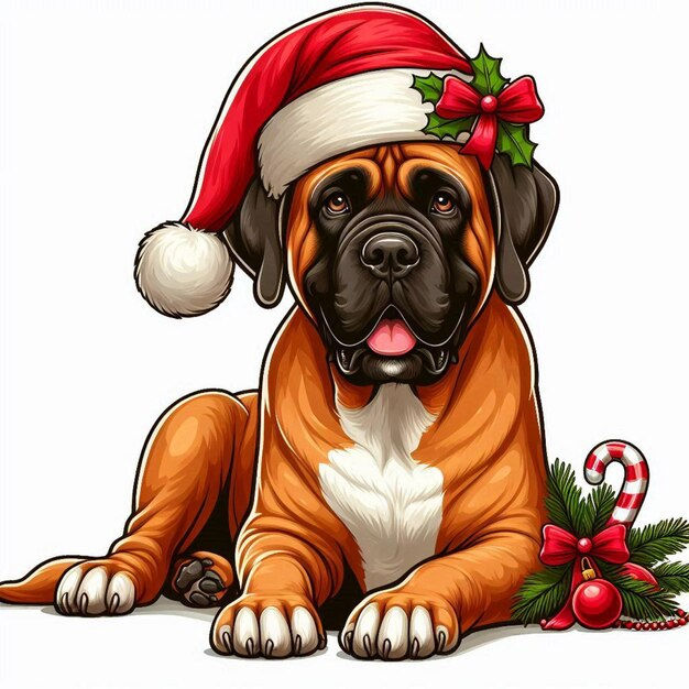 Wallpaper #_bgL2ZIBJvJKYCmEbeqa292 Christmas Santa Hat Mastiff Dog Vector Cartoon Illustration White