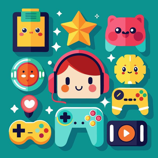 Wallpaper #F52KZpcBkAG5jTCHebMI176 Cute Characters and Game Controller Icons with a Teal Background
