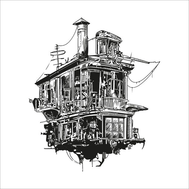 Wallpaper #FWcrDpMBSpphPi3-Remc103 Premium Vector Fantastic Flying Old House in Steampunk Style Vector